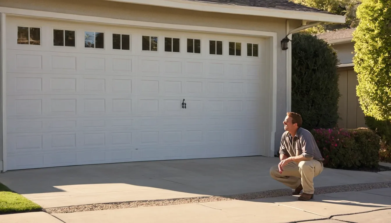 A local garage door provider checking the springs and track of a stucco home's garage door in Concord